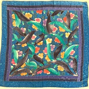 Mid Century Large Silk Scarf, Blue Purple Teal, Floral, Abstract